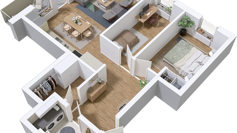 Lägenhet med möblerad planlösning, sovrum, vardagsrum, matplats och klädkammare