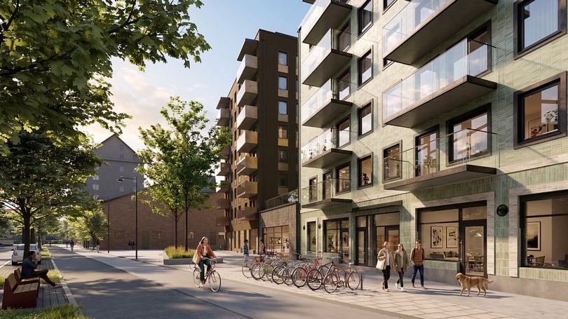 Illustration av ett modernt bostadskvarter med flerfamiljshus, balkonger, träd, cyklar och människor som promenerar på trottoaren