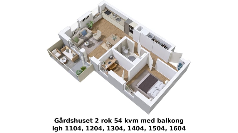 Lägenhet med 2 rum och kök, 54 kvm, balkong och möblerad planlösning