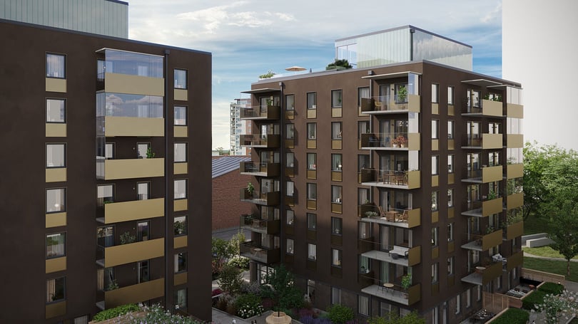 Illustration av moderna flerbostadshus med balkonger och grön innergård