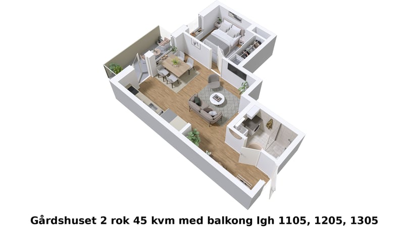 Lägenhet med 2 rum och kök, 45 kvm, balkong och möblerad planlösning