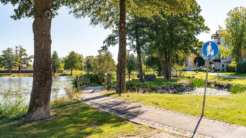 Parkmiljö vid vatten  i Strängnäs med grönskande träd, gångväg och en liten bro intill bostadshus