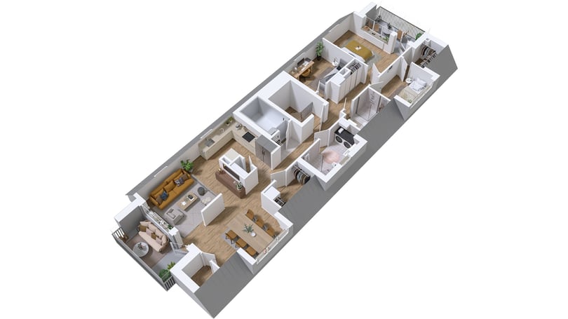 Lägenhet i 3D-planritning med möblerade rum, kök, vardagsrum och sovrum
