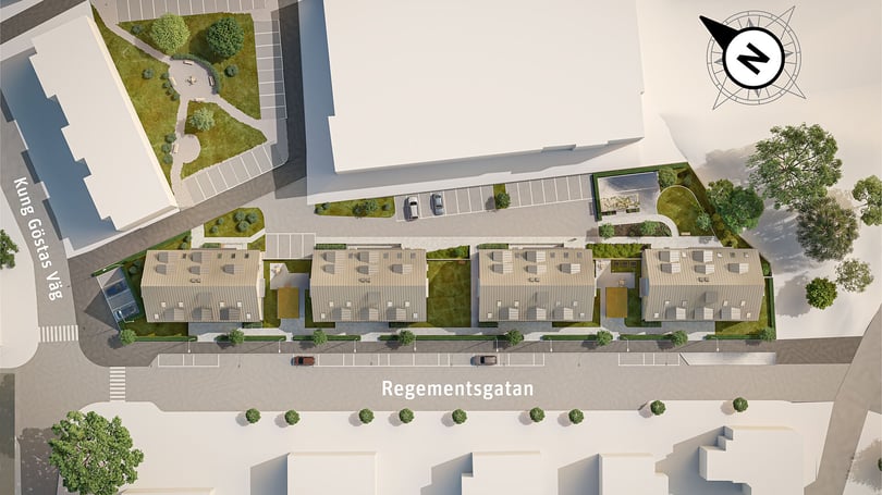 Illustration av bostadskvarter med fyra flerbostadshus, innergårdar och gatorna Regementsgatan och Kung Gösta Väg