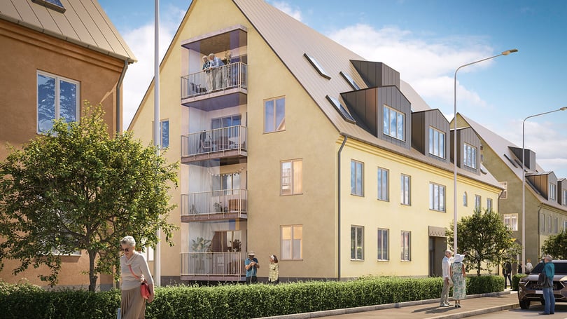 Illustration av flerbostadshus med balkonger, träd och personer utomhus