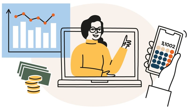 Illustration av en person som presenterar via dator, med diagram, pengar och en mobiltelefon i bild