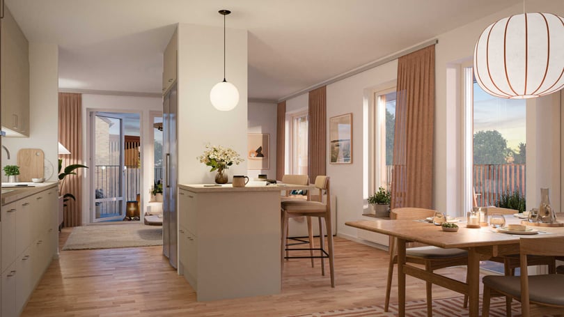 Lägenhet med öppen planlösning, kök och matplats samt stora fönster och balkongdörr