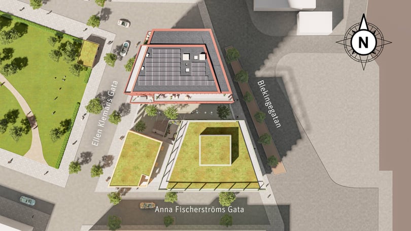 Illustration av en stadsplan med byggnader, grönområden och gator markerade, inklusive Ellen Klemans Gata, Anna Fischerströms Gata och Blekingegatan