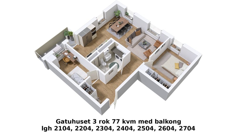 3D-illustration av 3 rum och kök, 77 kvm samt balkong