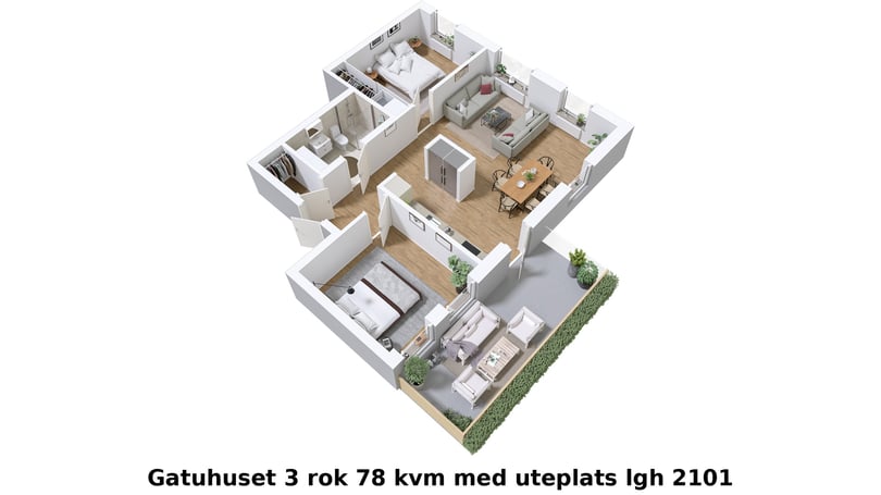 3D-illustration av 3 rum och kök, 78 kvm, med uteplats