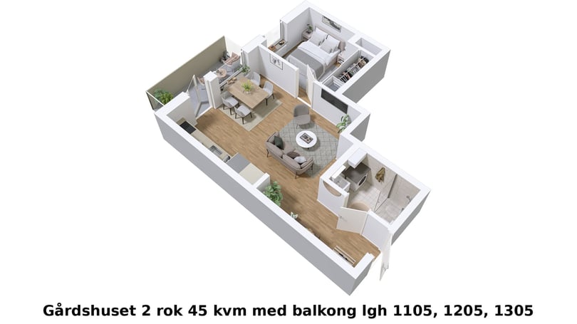 3D-illustration av en lägenhet, Gårdshuset 2 rok 45 kvm med balkong