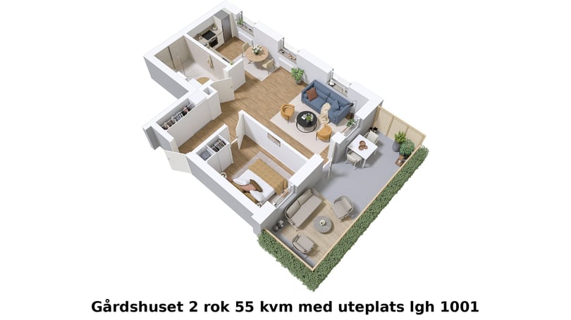 3D-illustration av en lägenhet med 2 rum och kök, 55 kvm, med uteplats