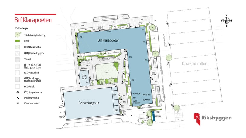 Situationsplan för Brf Klarapoeten med parkeringshus och grönytor