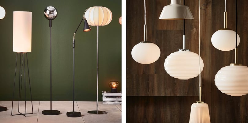 Pendlar och golvlampor i modern inredning med gröna och träfärgade väggar