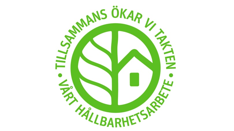 Grön hållbarhetslogotyp med texten Tillsammans ökar vi takten och Vårt hållbarhetsarbete