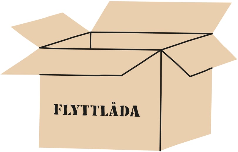 Illustration av flyttkartong med texten flyttlåda