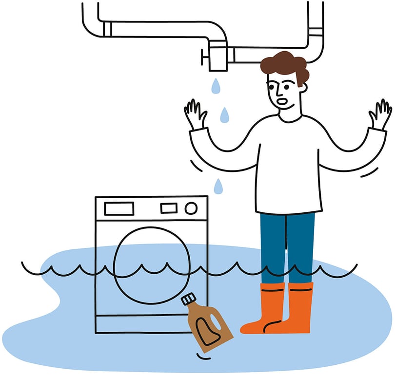 Illustration av person vid en läckande tvättmaskin i översvämmat rum, med vatten på golvet