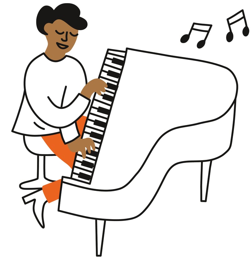 Illustration av en person som spelar piano med musiknoter i luften