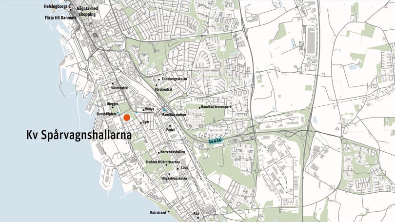 Karta över Kv Spårvagnshallarna i Helsingborg med markerad plats nära havet