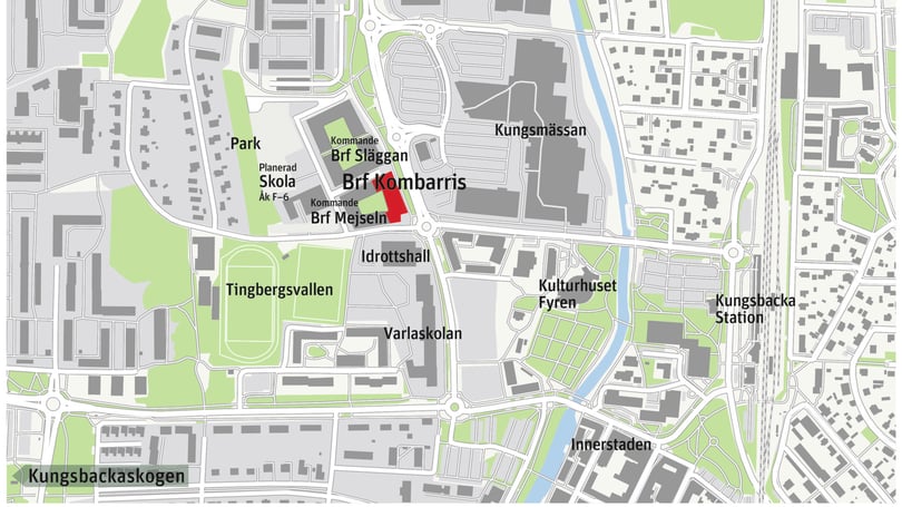 Karta över Kungsbacka med Brf Kombarris markerat nära Tingbergsvallen, Kungsbacka station och Kungsmässan