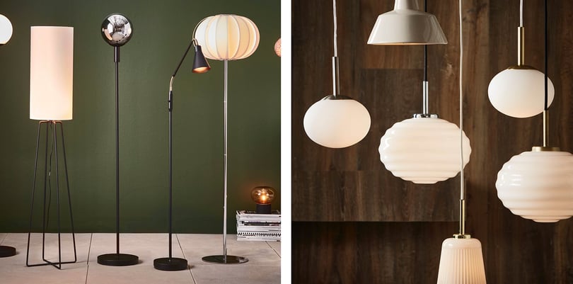 Pendlar och golvlampor i modern inredning med gröna och träfärgade väggar