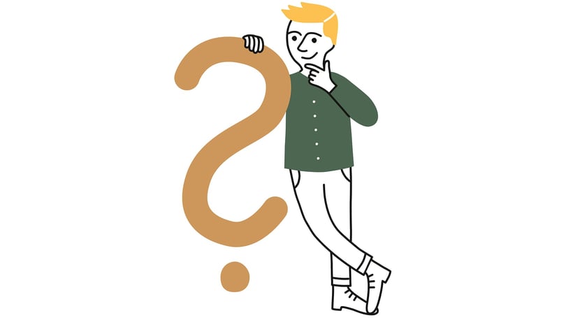 Illustration av en person som står lutad mot ett stort frågetecken