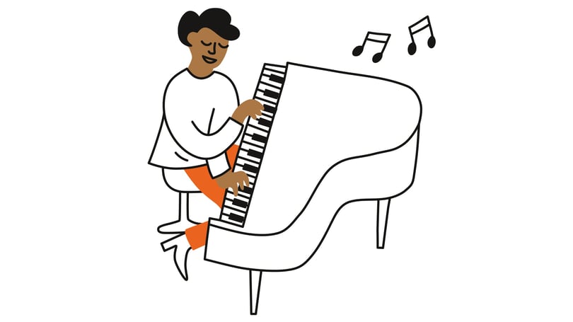 Illustration av en person som spelar piano med musiknoter i luften