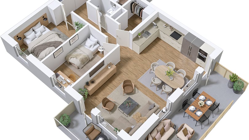 Illustration av lägenhet med öppen planlösning, två sovrum, kök, matplats och vardagsrum