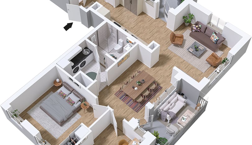 3D-planlösning av en möblerad lägenhet med sovrum, vardagsrum, kök, badrum och matplats