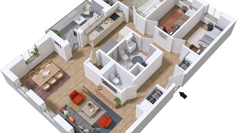 Lägenhet i 3D-illustration med kök, vardagsrum, sovrum och badrum