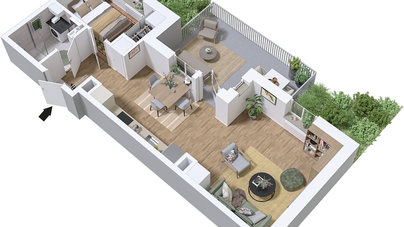 Lägenhet i 3D-illustration med kök, vardagsrum, sovrum, badrum och balkong