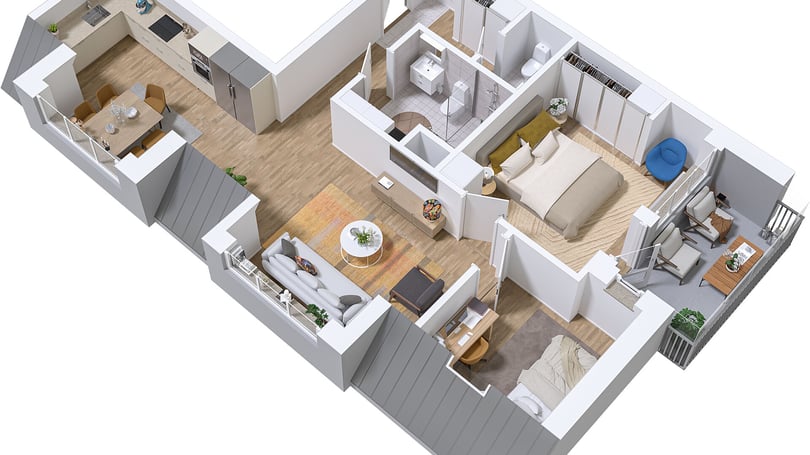 Lägenhet i 3D-vy med kök, vardagsrum, sovrum och balkong