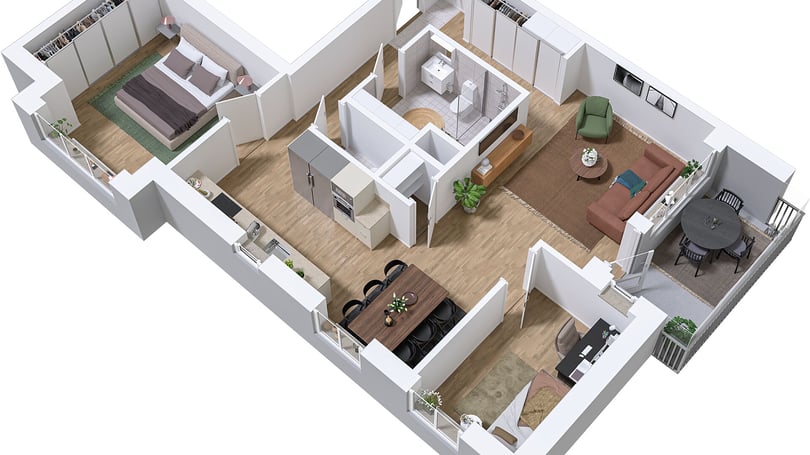 Lägenhetsplan i 3D med sovrum, vardagsrum, kök, badrum, matplats och balkong