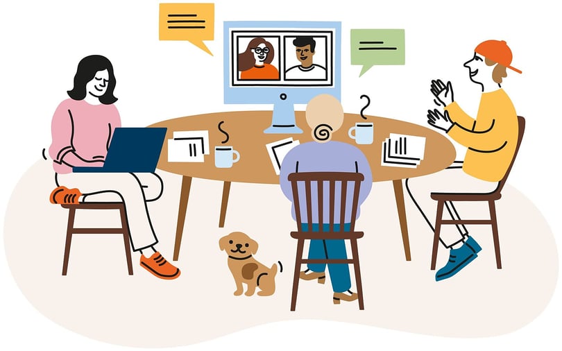 Illustration av tre personer som deltar i ett videomöte vid ett bord med laptop, skärmar, kaffekoppar och en hund