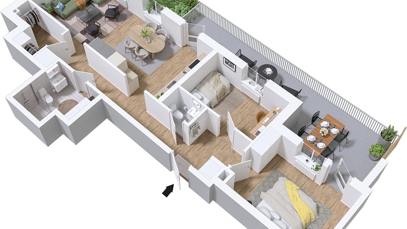 3D-planlösning över lägenhet med två sovrum, kök, vardagsrum, badrum och balkong