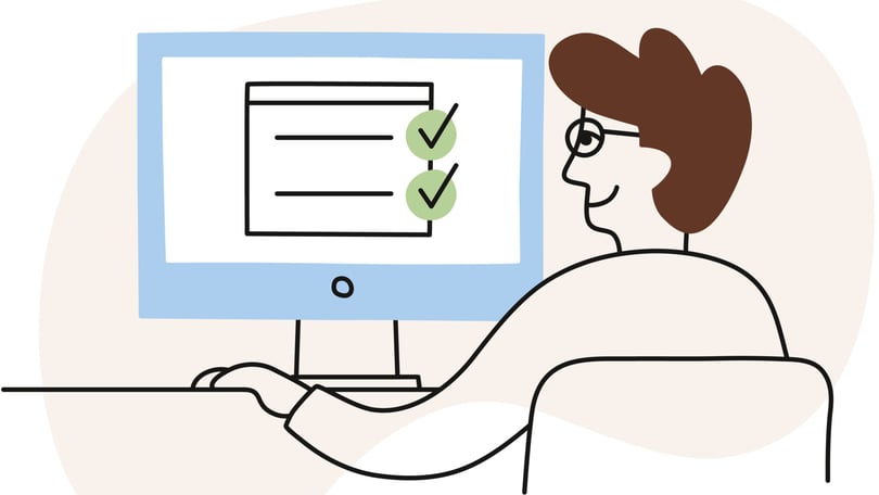 Illustration av en person med glasögon som sitter vid en dator med en checklista på skärmen
