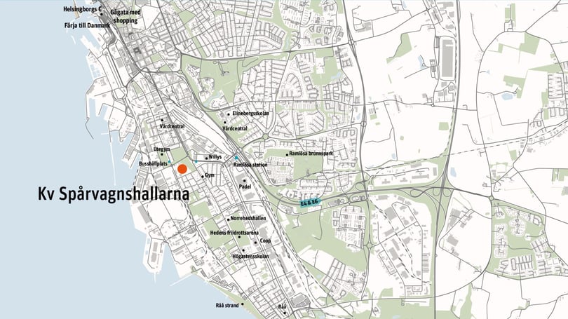 Karta över Kv Spårvagnshallarna i Helsingborg med markerad plats nära havet