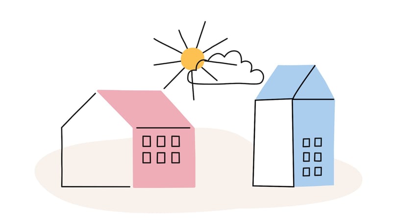 Illustration av två flerbostadshus i rosa och blått med sol och moln i bakgrunden