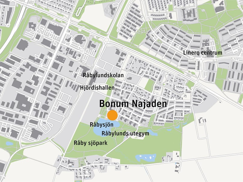 Karta över området kring Bonum Najaden vid Råbysjön i Lund