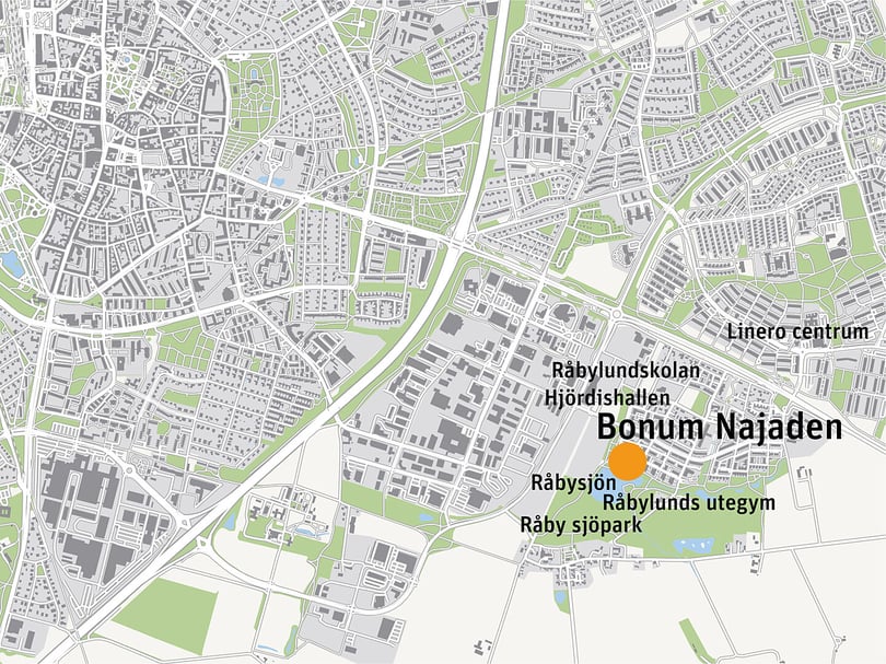 Karta över Lund med markering vid Bonum Najaden nära Råbysjön och Råby sjöpark