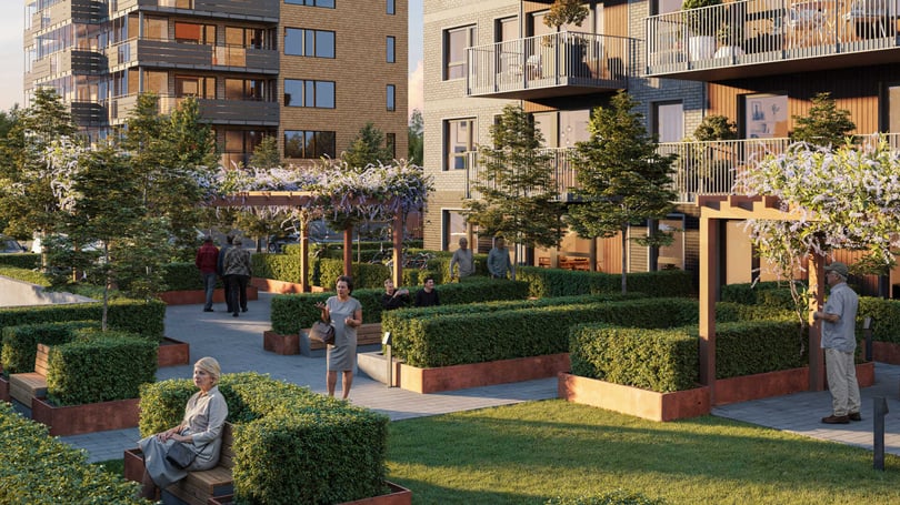 Bostadsgård med moderna byggnader i bakgrunden, grönskande häckar, träd och sittplatser där människor vistas