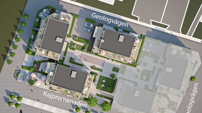 Flygvy över bostadsområde med tre byggnader, omgivna av vägar, grönområden och parkeringsplatser, markerade som Geologvägen och Kajpromenaden