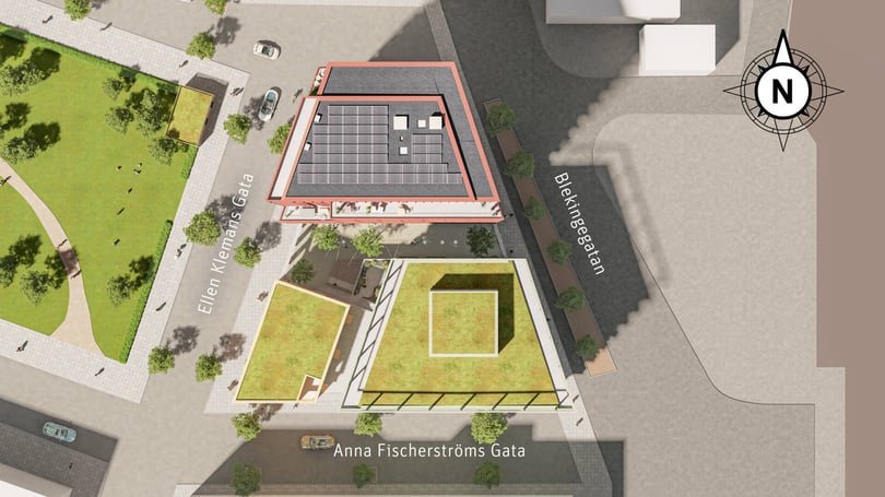 Illustration av en stadsplan med byggnader, grönområden och gator markerade, inklusive Ellen Klemans Gata, Anna Fischerströms Gata och Blekingegatan