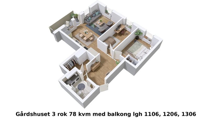 3D-illustration av en lägenhet med 3 rum och 78 kvm, balkong och möblerade rum