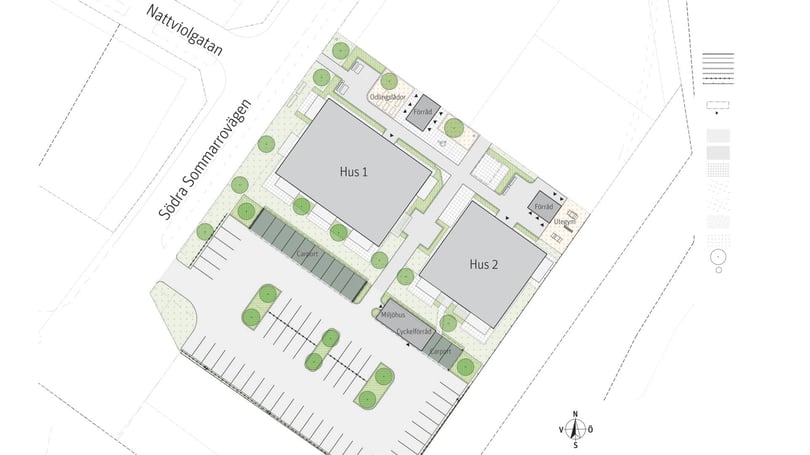 Situationsplan för bostadsområde med hus 1 och hus 2, parkering, carport, förråd och grönområden