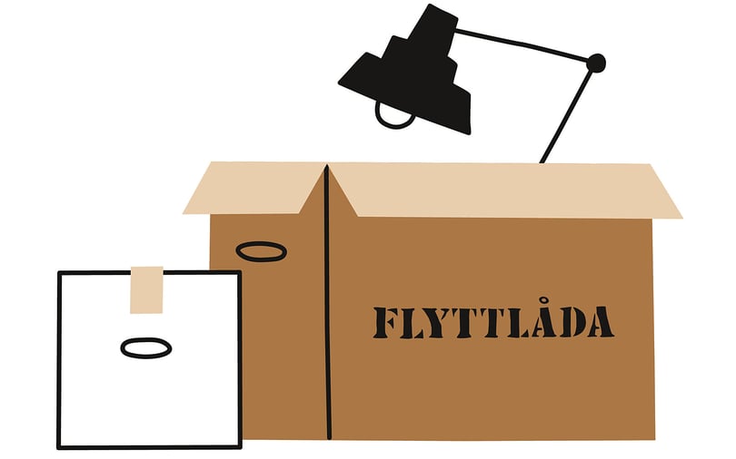 Illustration av kartong märkt flyttlåda med en svart bordslampa och en mindre vit låda framför, isolerat mot vit bakgrund
