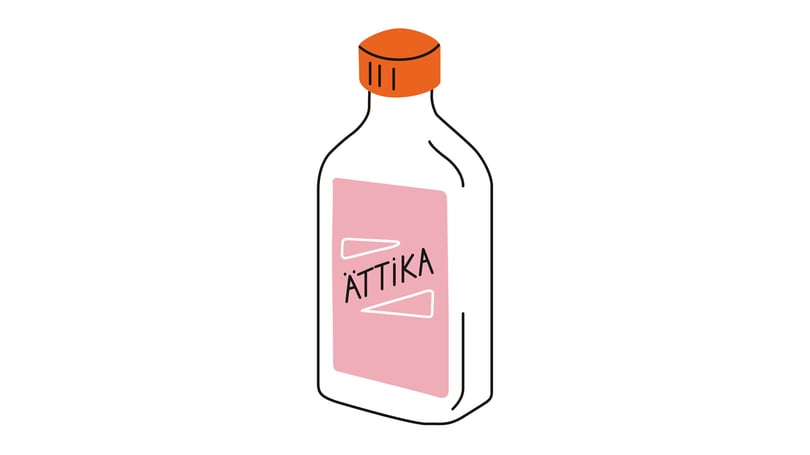 Illustration av en flaska med etiketten ÄTTIKA och orange kork