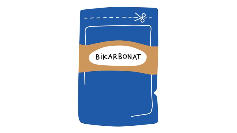 Illustration av en blå förpackning med texten bikarbonat