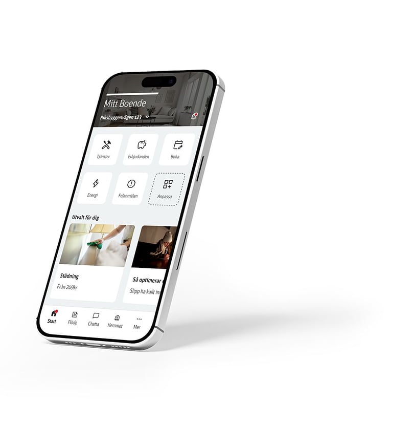 Smartphone som visar en app för bostadshantering med olika menyer, inklusive energianvändning, bokning och information