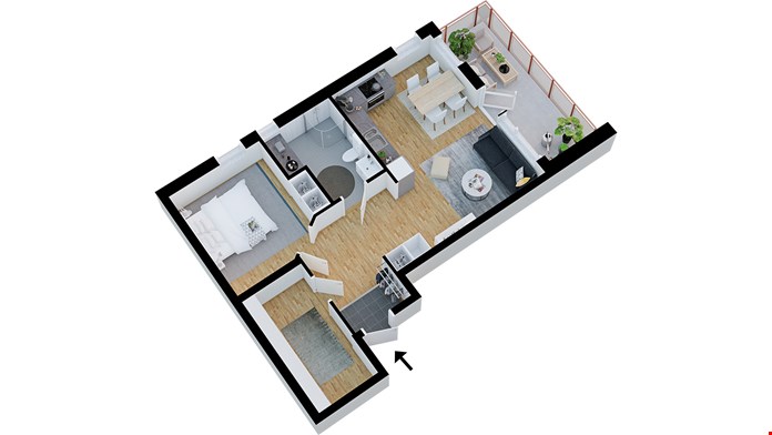 Lägenhet 1001, 2 rum och kök med balkong, ca 59 m²